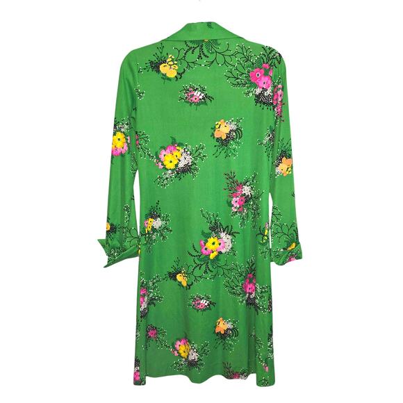 Vintage 70's Caron Shirt Dress Green Floral Print Dagger Collar Knee Length SEE - Picture 2 of 7